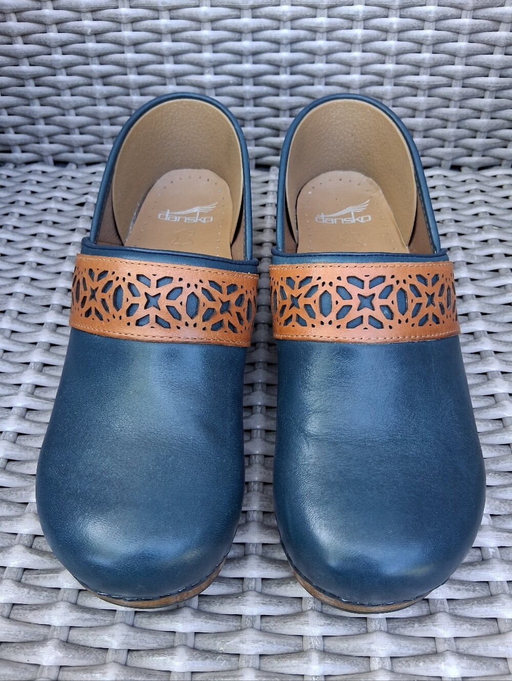Dansko Navy Leather Clogs with Tan Cutout Band
